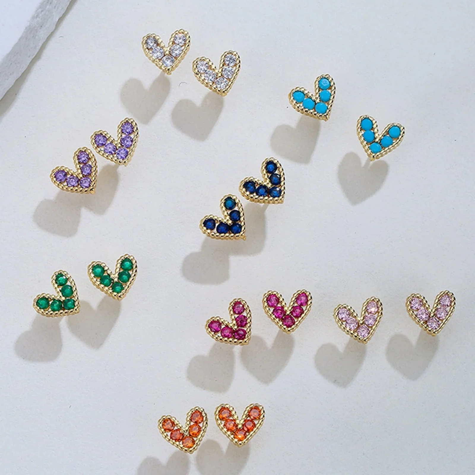 1Pair Brass Ear Post Stud Earrings 18K Gold Plated Valentine's Day Heart Multicolor Cubic Zirconia Women Earring Jewelry 8x7mm