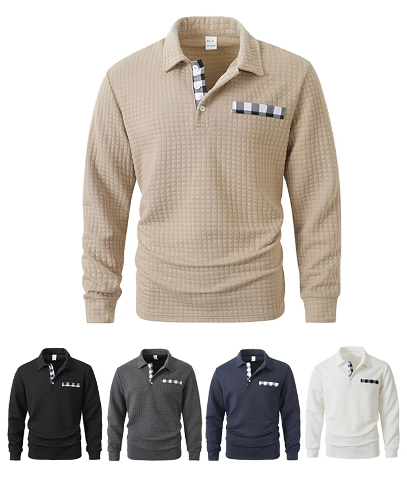 Herren Waffelstrick Langarm-Poloshirt mit Revers und Halbknopfleiste, Regular Fit, Frühling Herbst Business Casual Atmungsaktive Weiche Oberteile – Detail 16