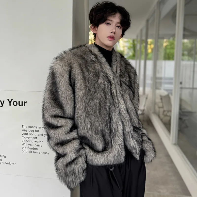 IEFB Solid Color Men's Faux Fur Jackets V-neck 2024 Autumn Trend Fashionable Male Thickened Simple Winter Menswear Korean 9C8799