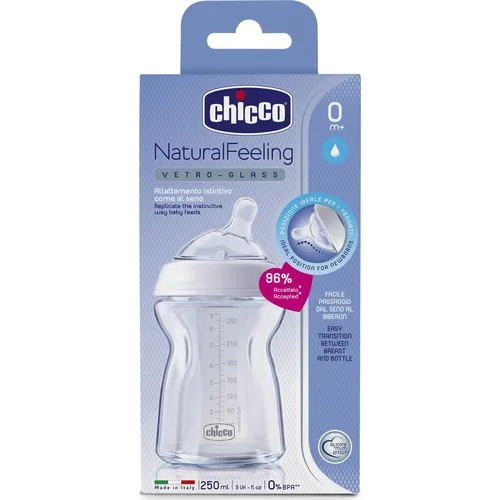 Chicco Naturalfeeling Glass Baby Bottle 0 months + 250 ml High Quality Original Glass Baby Bottle for Newborns