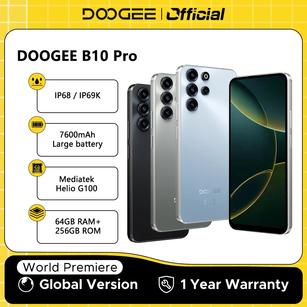 World Premiere DOOGEE B10 Pro Smartphone 64GB+256GB 6.63” FHD 120Hz Display IP68 / IP69K Helio G100 7600mAh Battery Android 16
