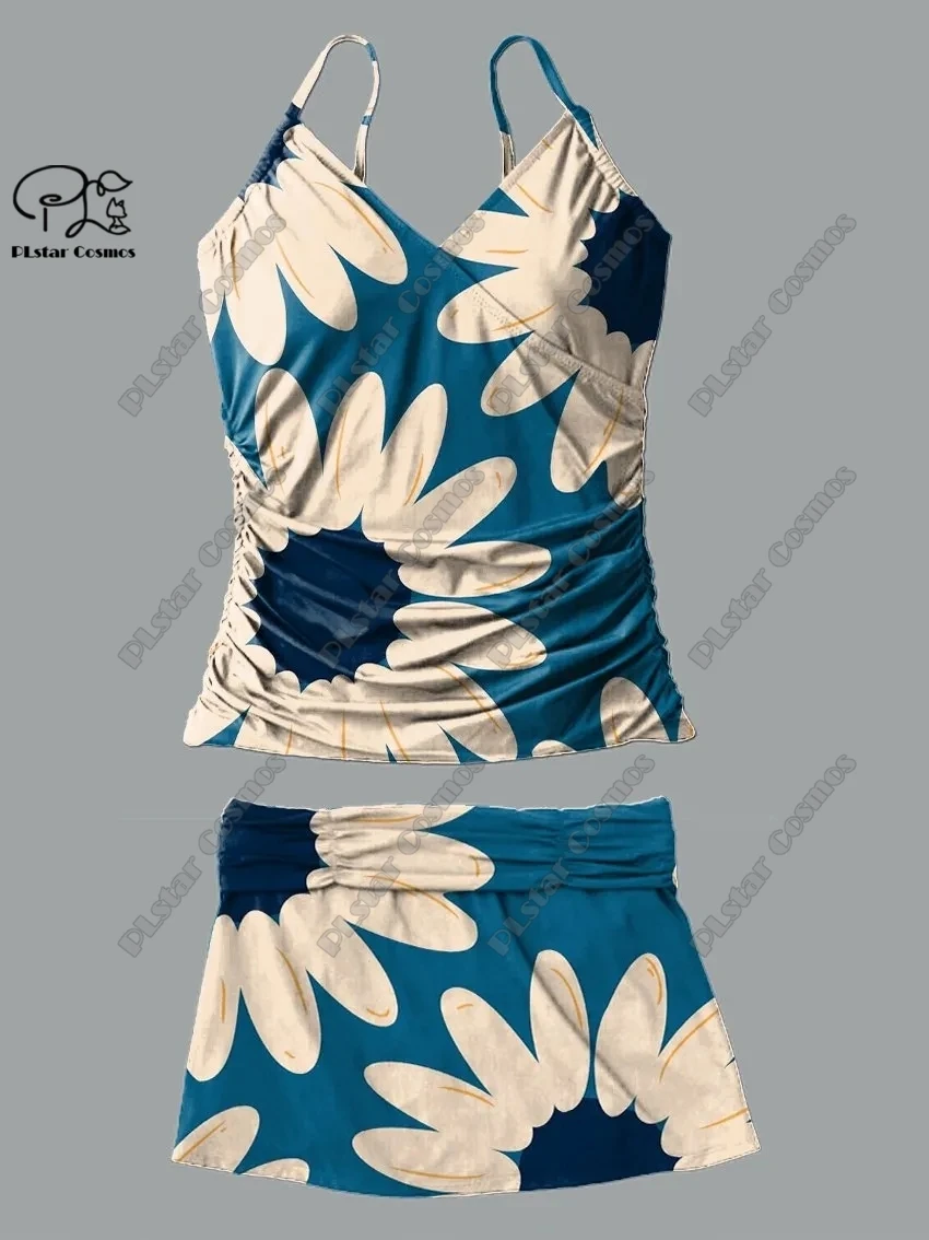 Maillot de bain deux pièces pour femmes, col en v, petit imprimé floral frais, jupe à bretelles, vacances, voyage, nouveau maillot de bain, été, Q-19