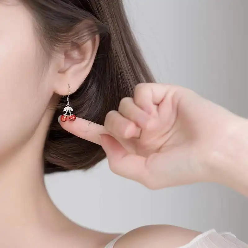 PONYKISS التبتية الفضة الزركون تقليد اللؤلؤ الكرز وأقراط للنساء لطيف مصنع مجوهرات الأزياء الحد الأدنى اكسسوارات #4