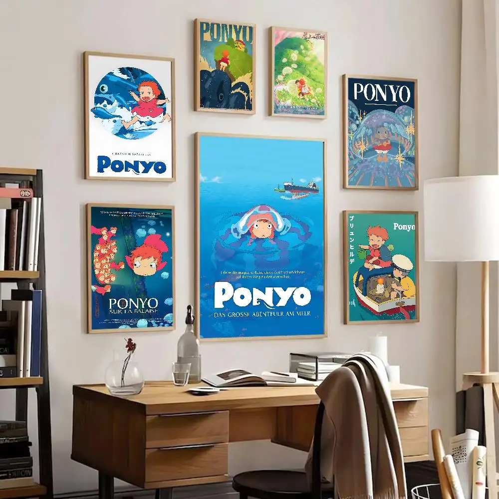 Pósteres de películas clásicas de Anime Studio Ghibli P-Ponyo, pegatina de papel blanco DIY para habitación, Bar, cafetería, pintura de pared de arte estético