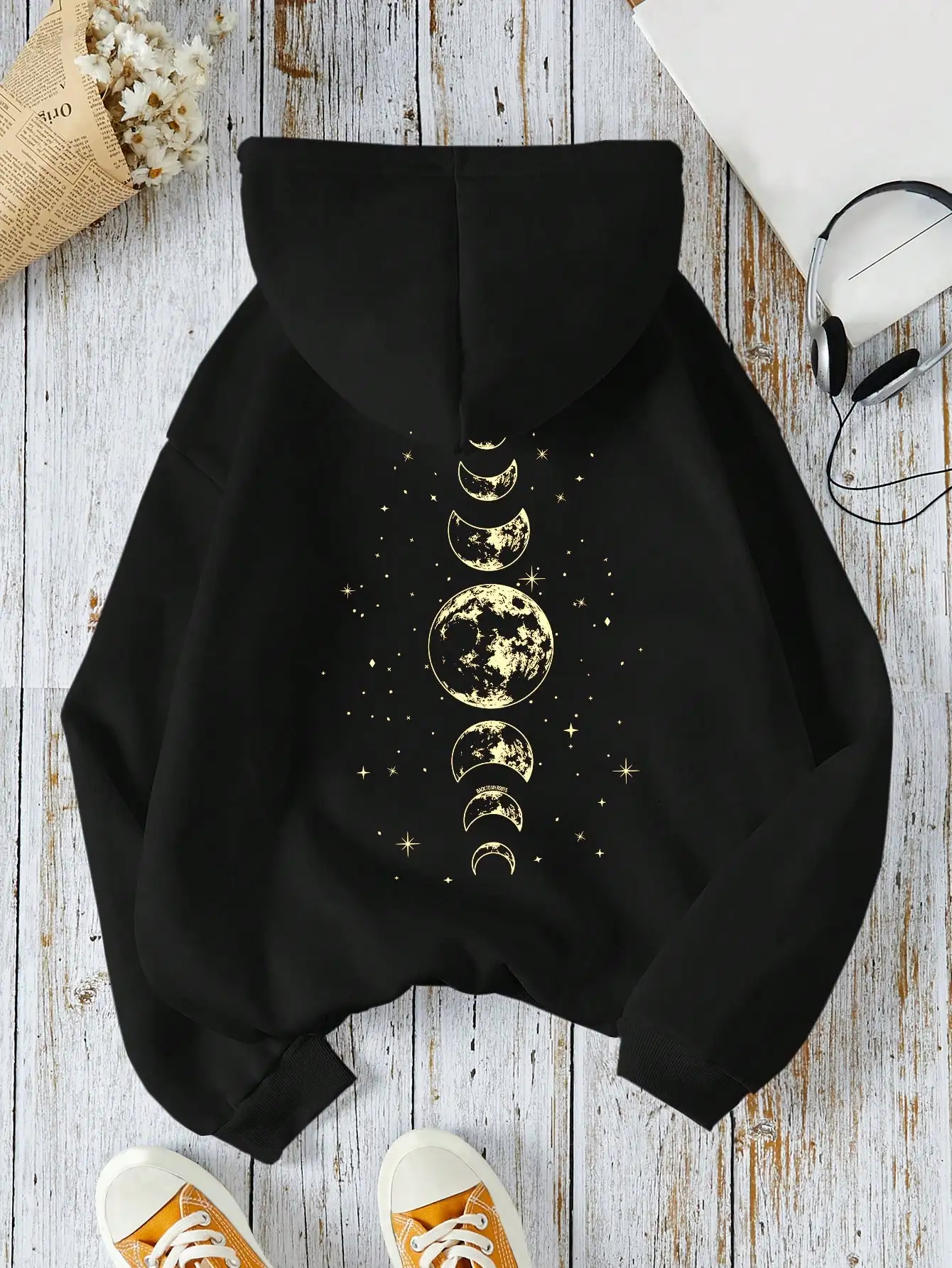 

Black Oversized Hoodie with Gold Moon Phase Print, Casual Fall Winter Sweatshirt