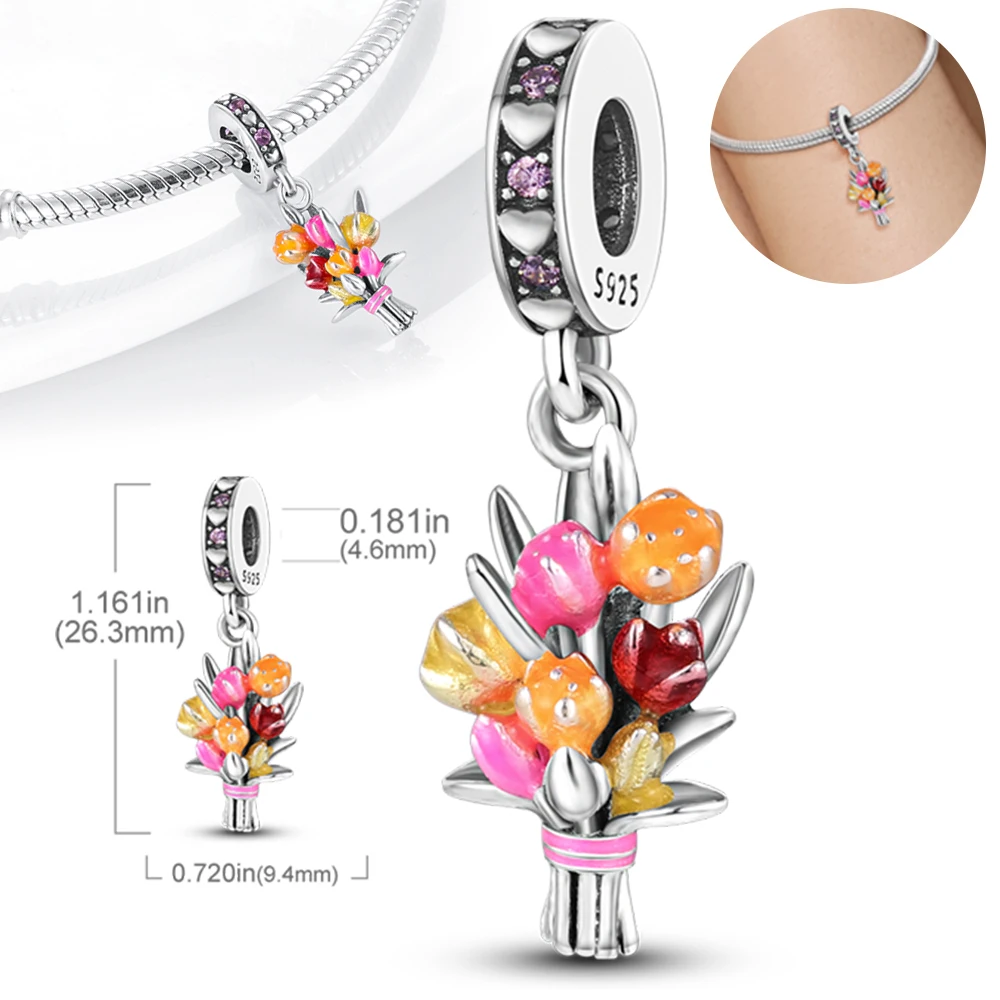 925 Sterling Silver Pink Daisy Pendant, Fits Original Pulseira Pandora, Jóias Fazendo Encantos