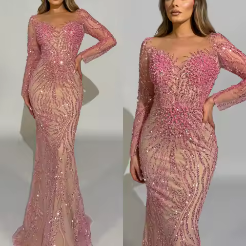 Vintage Evening Dresses For Women Sheer Neck Long Sleeves Gown Sequins Beaded Sweep Train Dress Party Customized Dress