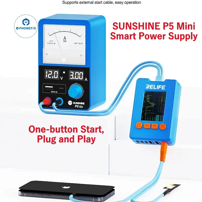 SUNSHINE P5 Mini Smart Power Supply,USB-C/A Ports, 5V/3A Output,Real-time Voltage & Current Monitoring,Short-circuit Protection
