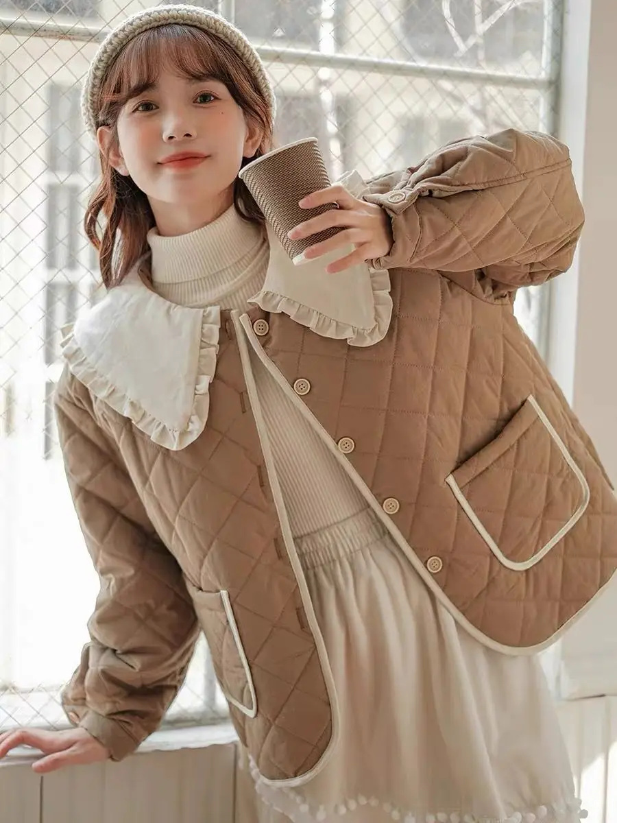 

Sweet Cotton Coat Women Autumn Winter New Retro Literary College Warm Short Coat Doll Collar Quilted Jacket Light Thin Tops Chic