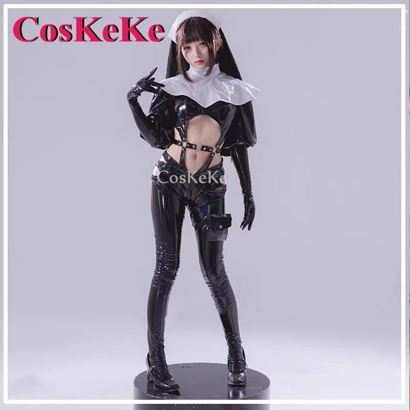 

CosKeKe Nun Cosplay Costume Fashion Sexy Balck PU Leather Jumpsuits Uniform Women Halloween Party Role Play Clothing S-XL