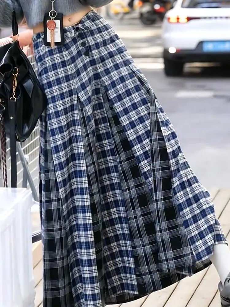 

High Waist Vintage Plaid Skirt Women's Loose A-Line Long Skirt Spring 2025 Anti-Aging Design Korean Sle Commute