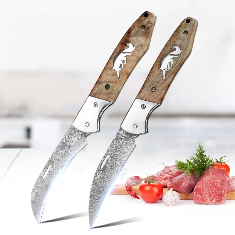 Damascus Folding Knife Fruit Peeler Tools Paring Knife with Wooden Handle for Kitchen Accessories Multifunction Utility Knife