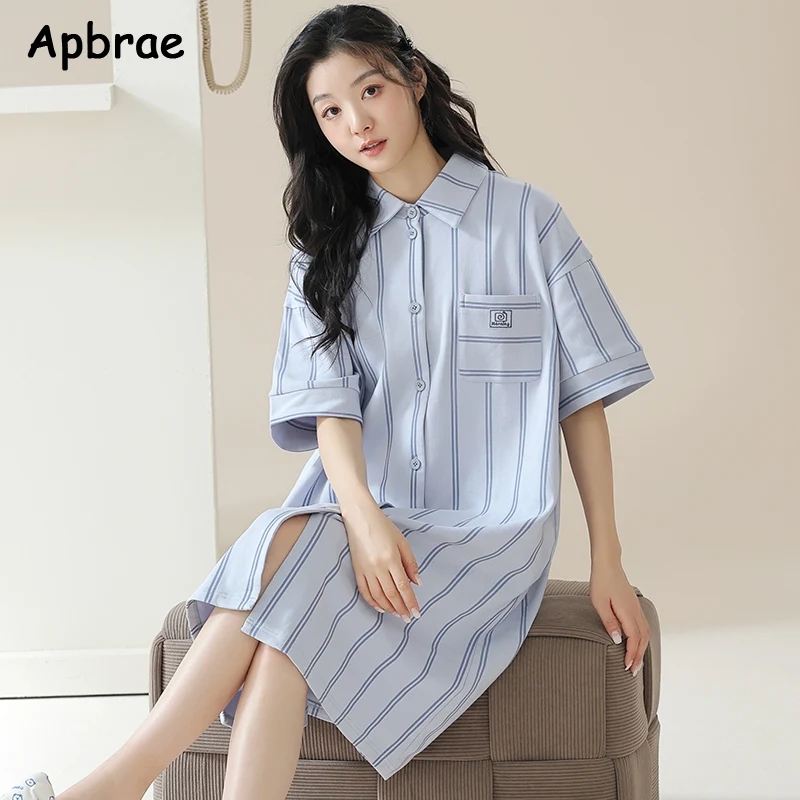 Women Cardigan Nightgowns Leisure Woman Sleepshirt Short Sleeves Lapel Pajama Dress Kawaii Girl Nightdress Female Homedress