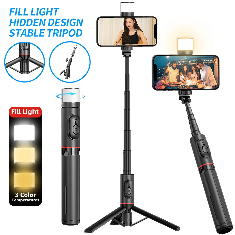 Draagbare Draadloze Selfie Stick Statief Met Afstandsbediening Vul Licht Opvouwbare Telefoon Stand Houder Statief Voor Mobiele Smartphone