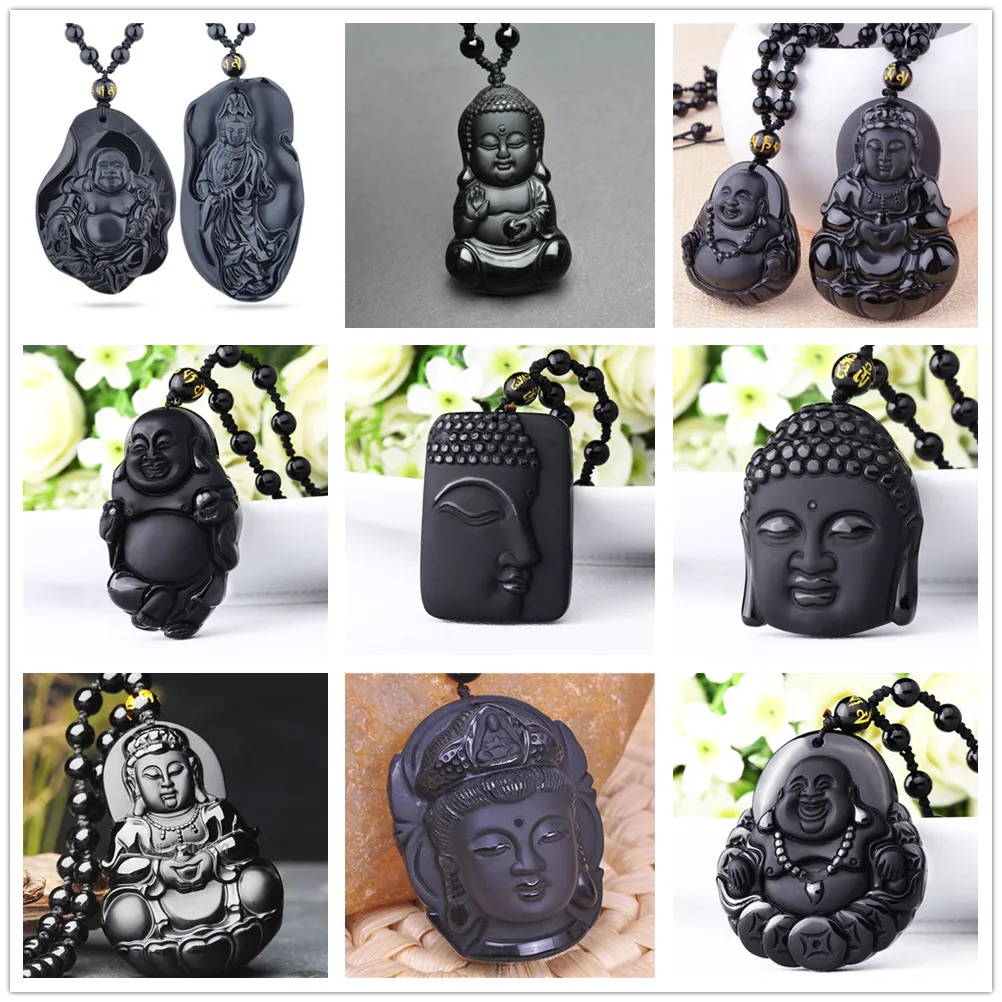 Natural Black Obsidian Carved Chinese Handwork Laughing Buddha GuanYin Lucky Pendant Amulet Necklace Trendy Fashion Gift Jewelry