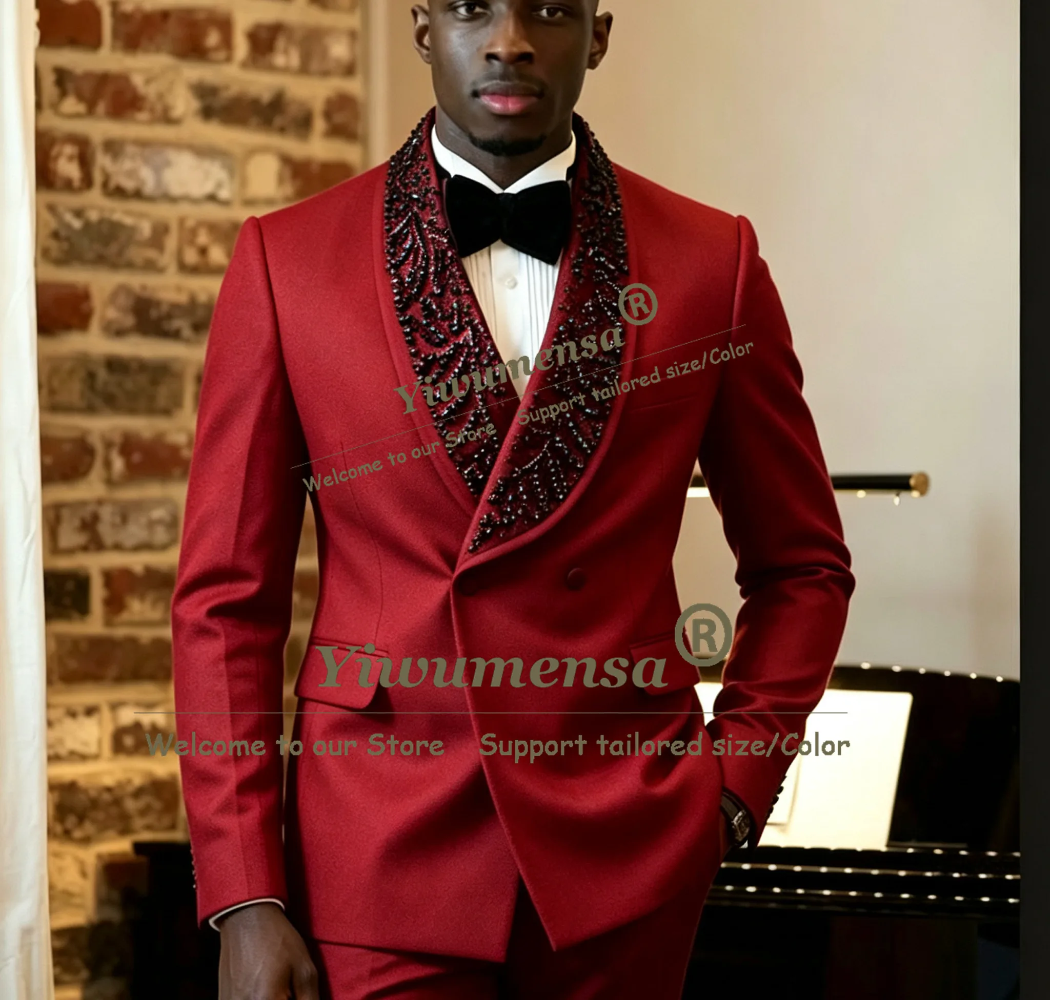 

Customized Black Pearls Formal Men Suits Slim Fit Shawl Lapel Groom Wedding Tuxedos 2 Pieces Sets Male Prom Blazers Ropa Hombre
