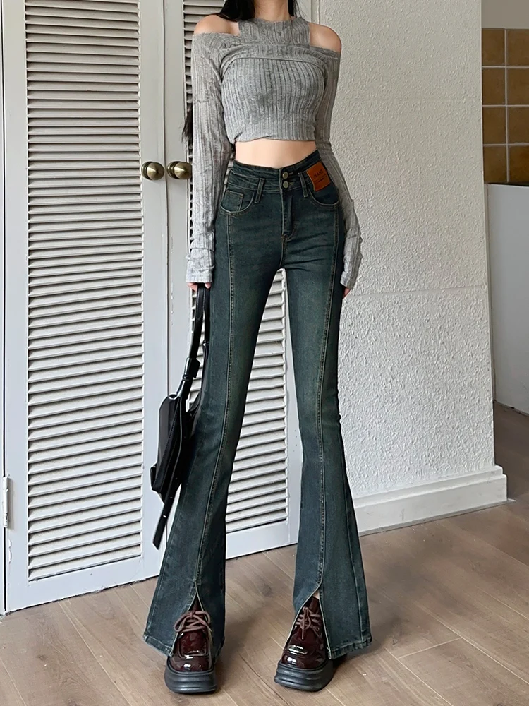 

Женские джинсы с высокой талией, облегающие, эластичные, микро-клеш, весна-осень, хлопковые, эластичные, с разрезами, длинные брюки, не мнущиеся