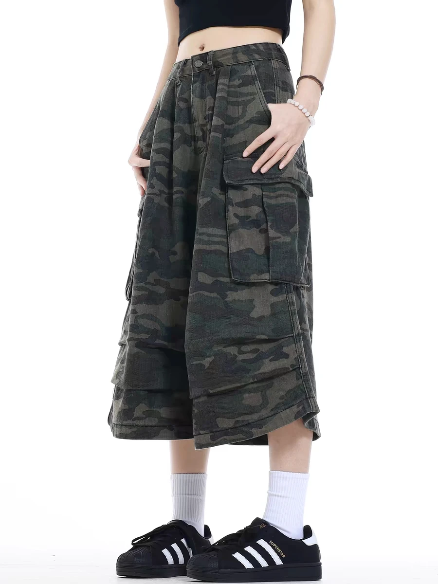 レトロ迷彩ワークウェア オルトス ワイドレッグ ケット デニムジーンズ カジュアル ハイウエスト セブンフット丈 ヴィンテージ風