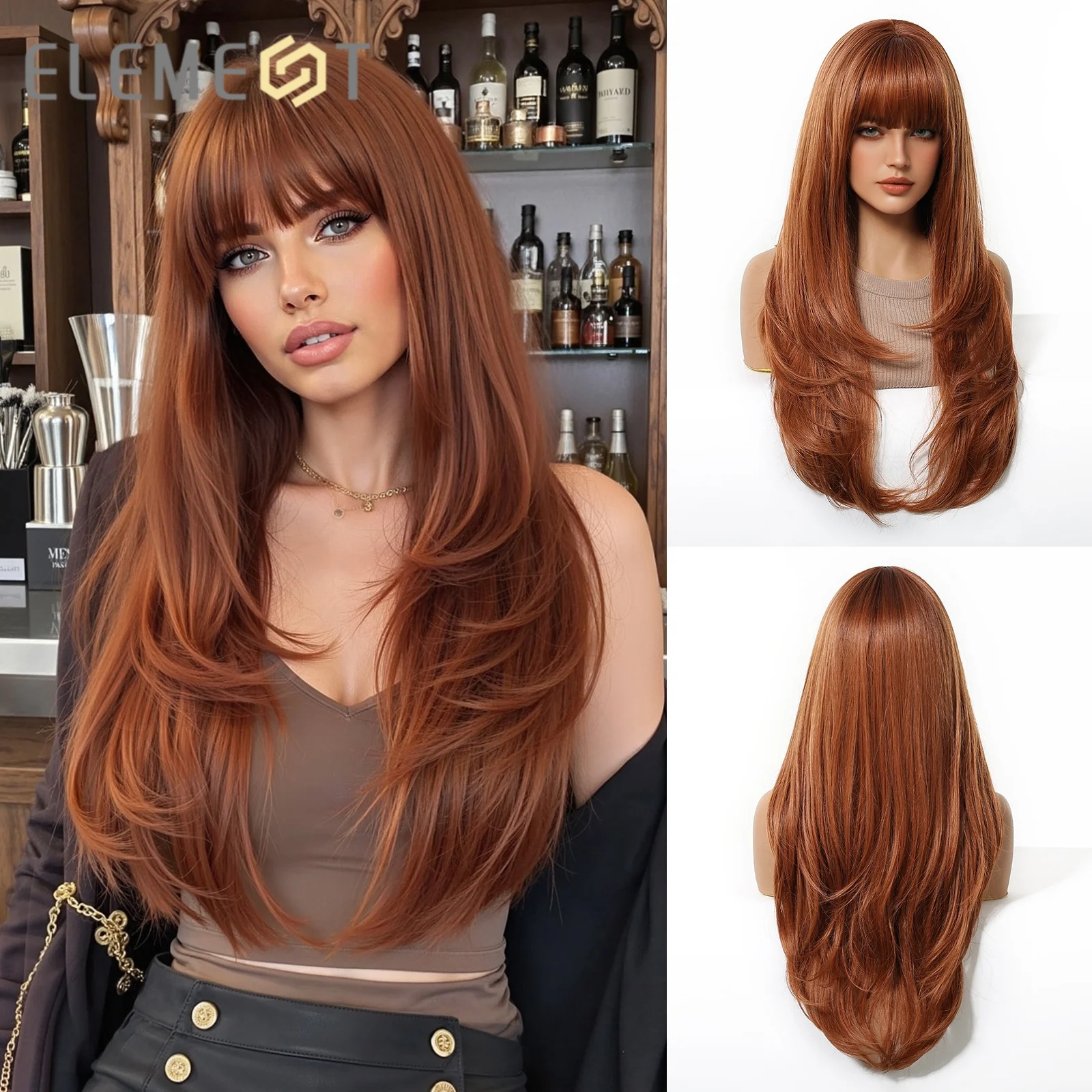 

Element Orange Brown Layered Long Straight Synthetic Wig with Bangs for Women Natural Fall Hair Heat Resistant for Daily Party