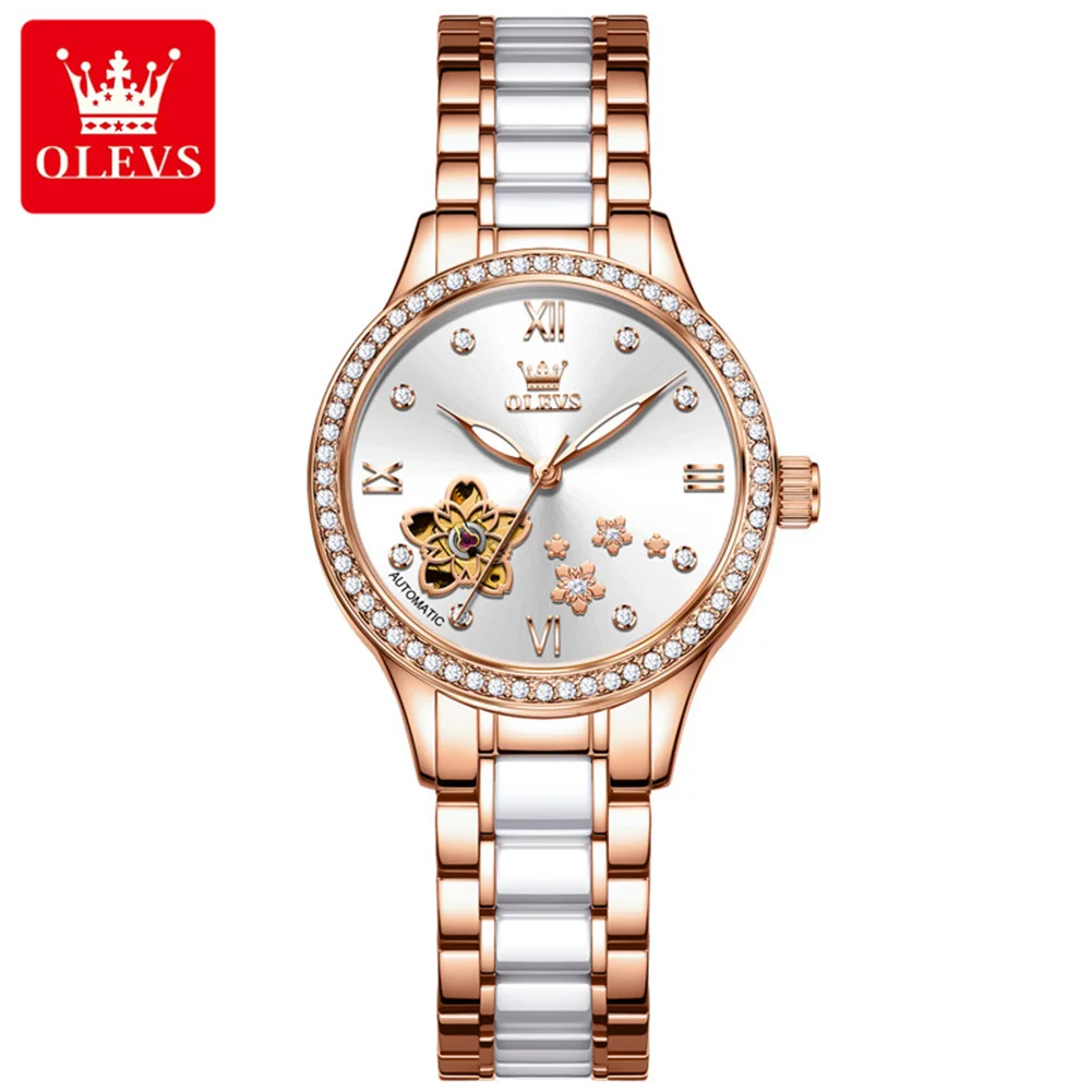 OLEVS 7074 New Women's Watches Fashion Elegant Ceramics Strap Diamond Bezel Original Luxury Automatic Mechancial Watch for Woman