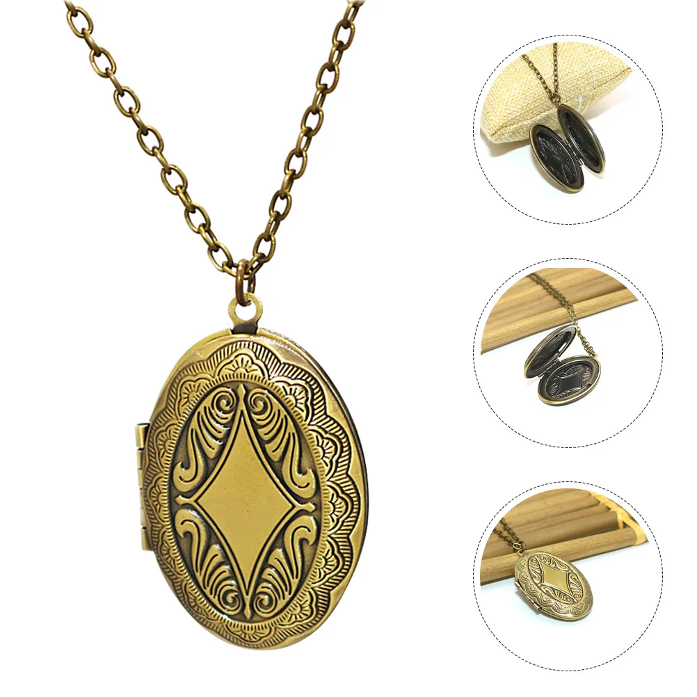 

2Pcs Bronze Oval Photo Locket Necklace for Women Keepsake Memorial Pendant Engraved Vintage Jewelry Picture Pendant