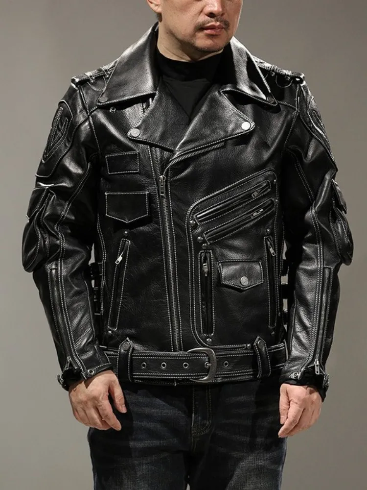 Punk Style Mens Genuine Leather Motorcycle Jacket Multiple Pockets Zip Turn-Down Collar Street Slim Fit Real Cowhide Coat Male