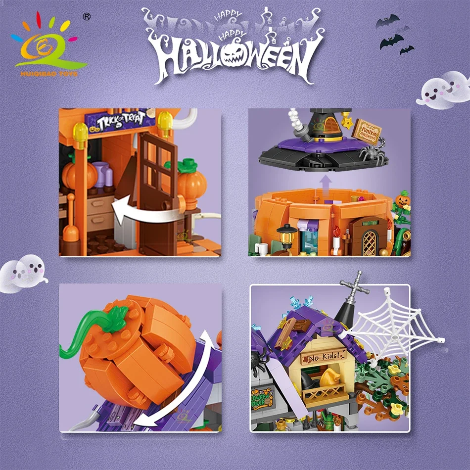 Huiqibao Halloween Mini Kürbis Haus Mikro Modell Bausteine Stadt Kind DIY Kürbis Wagen Set Ziegel Spielzeug Kinder Geschenk