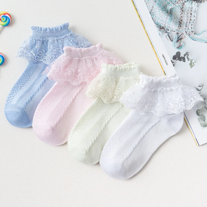 Chaussettes à volants en dentelle pour petites filles, lot de 5 paires, princesse, maille, courtes, respirantes, en coton, blanc, rose, bleu, pour