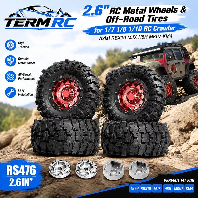 2.6" RC Metal Wheels & Off-Road Tires for 1/7 1/8 1/10 RC Crawler Axial RBX10 MJX H8H MK07 KM4