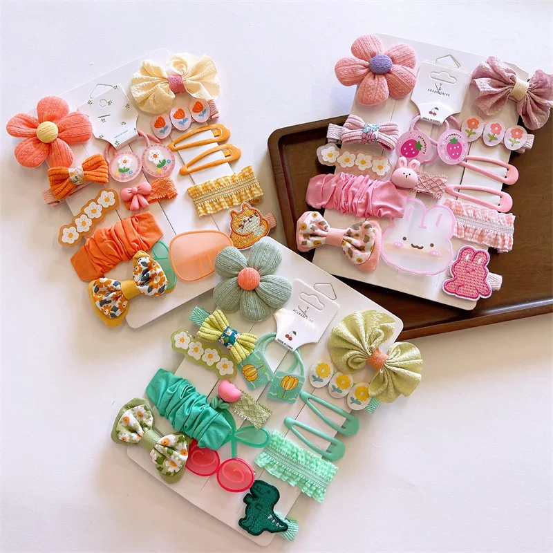 Ins Korean Version Children Fabric Bow Hairpin Girl Cartoon Character Flower Multi Hairclip Set Baby Hair Accessories Freeship