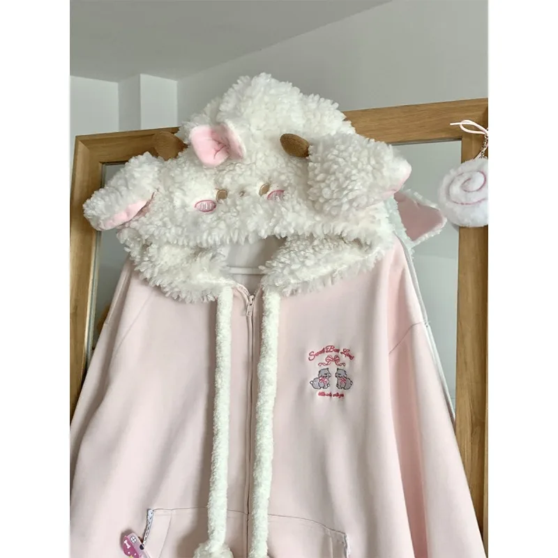 Inverno novo kawaii solto casacos de manga comprida subcultura japonesa adorável bordado hoodies feminino harajuku zíper design outwear