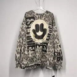 Jersey de manga larga con estampado de leopardo para mujer, ropa de abrigo con estampado de cara sonriente y letras, Top Vintage a la moda para primavera y otoño