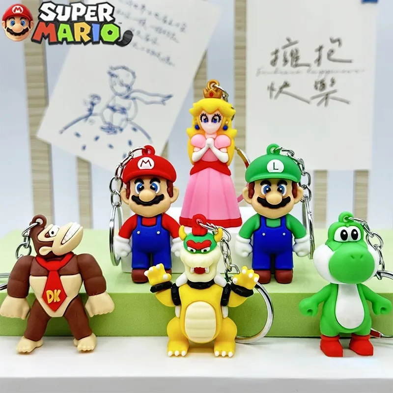 Super Mario Bros PVC Figura Chaveiro, Pingente de Animação, Princesa Peach Bowser Chaveiros, Acessórios para sacos de carro, Presentes DIY Jóias