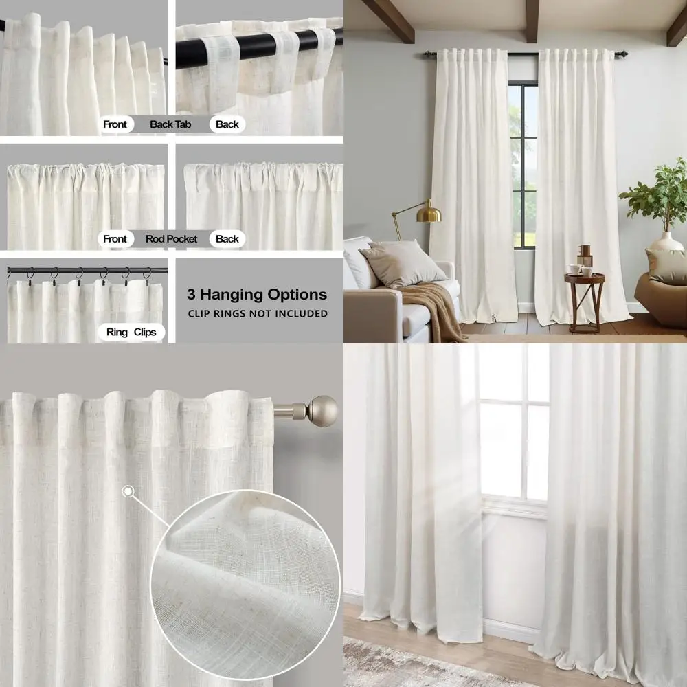 

Extra Long 132 Linen Curtains, 2-Panel Set, Boho Farmhouse Style, Cream Beige, Semi-Sheer for Large Windows
