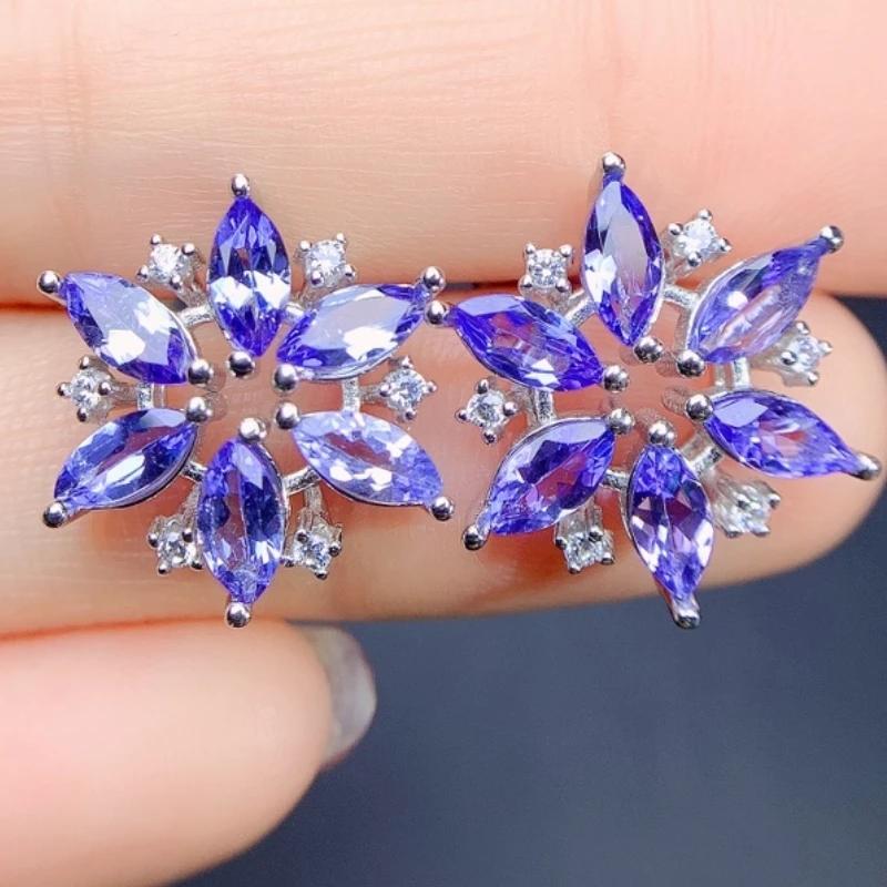 Fashion Gemstone Flower Design Earrings for Girl 2.5*5mm VVS Natural Tanzanite 925 Silver Earrings 3 Layers 18K Gold Plating