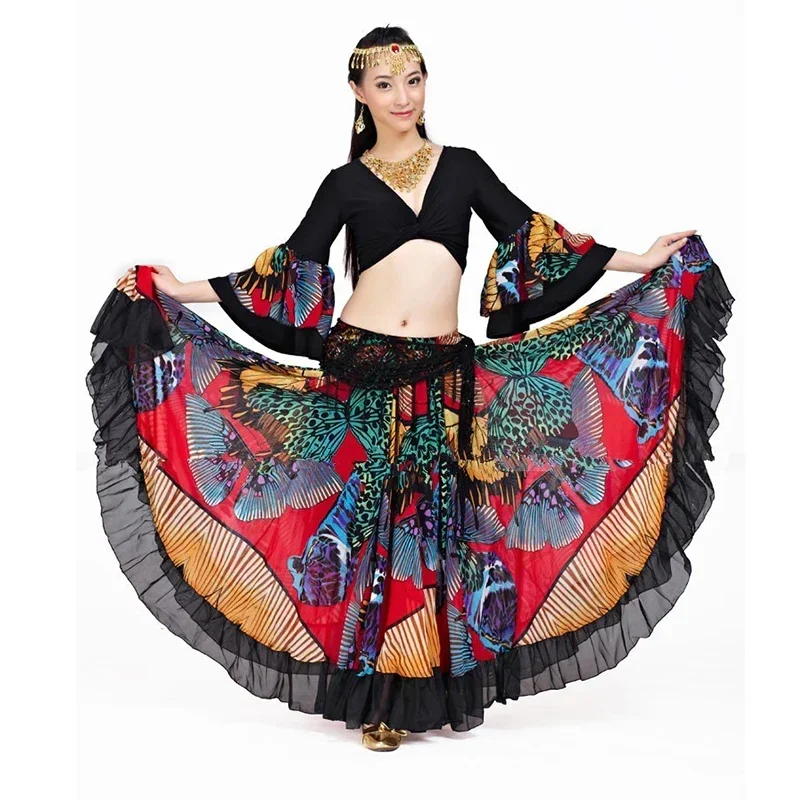 Fato de Dança do Ventre para Dança do Ventre Grande Flor de Balanço Saia Cigana Estampada Borboleta Roupas Tribais, Roupas Flamenco 720 Graus