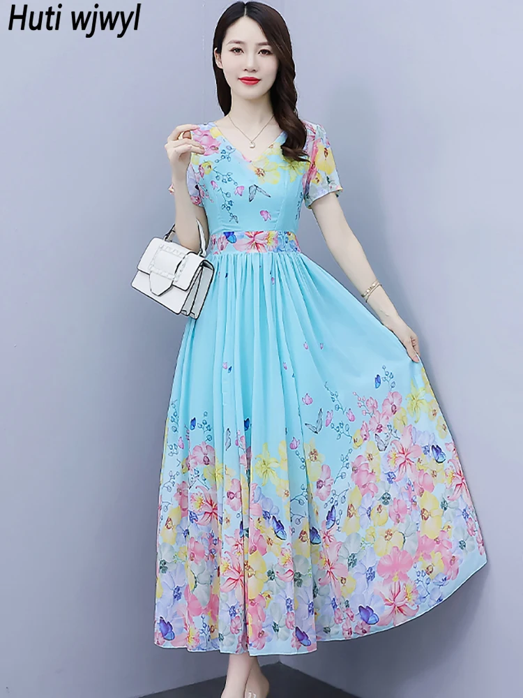 

Летнее повседневное шифоновое платье для отпуска с цветочным принтом в стиле бохо, Пляжное длинное платье 2024, корейский стиль, элегантное женское облегающее шикарное платье миди для выпускного вечера