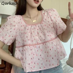 Floral Blouses Women Puff Sleeve Tender Lace-up Sweet Loose French Style Summer Stylish All-match Office Ladies Temperament Ins