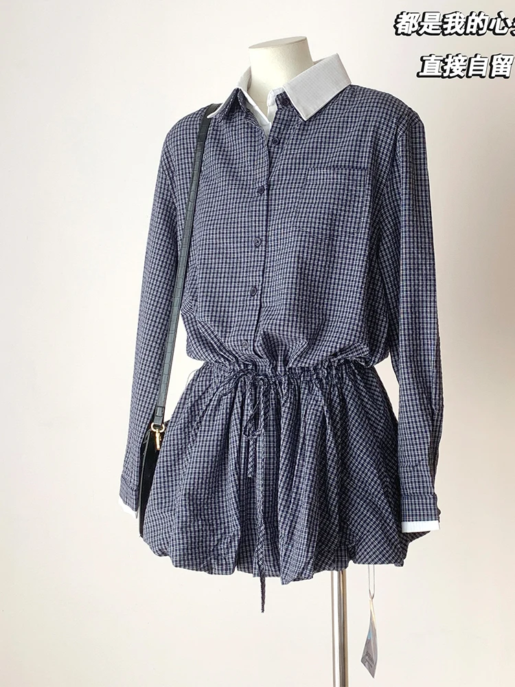 Autumn Winter Korean Preppy Plaid Shirt Dress Women Long Sleeve Fake Two Pieces One-Piece 2000s Aesthetic Y2k Gyaru Old Money