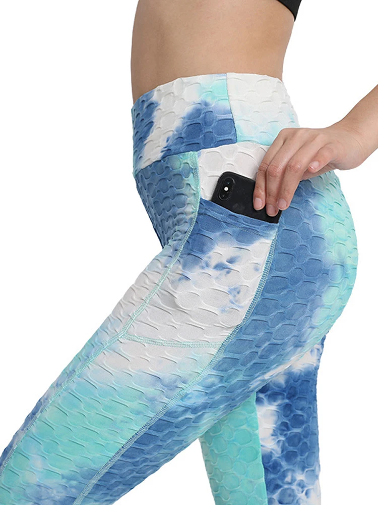 Meias esportivas tie-dye para mulheres, leggings de cintura alta com bolsos, malha, elástico, push up, corrida, yoga, ginásio