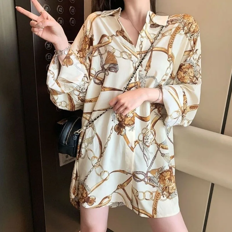 Loose Casual Printed Chiffon Button Shirt Spring Summer New Streetwear Long Sleeve Fashion Korean Turn-down Collar Midi Blouses