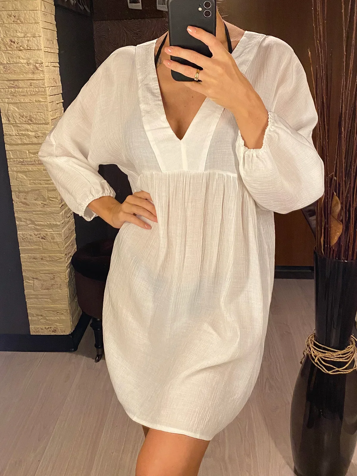 ใหม่เซ็กซี่แขนยาว V คอผ้าฝ้าย Tunic Beach COVER UP COVER-UPS ชุดชายหาดชายหาด Beachwear หญิงผู้หญิง v5032