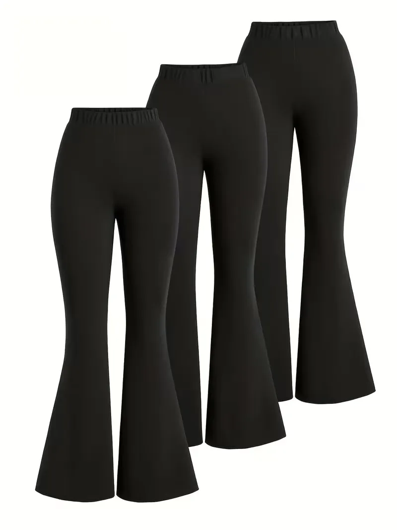 Girls 3-Pack Solid Flared Pants – Black High Waist Elastic Flare Trousers for Kids