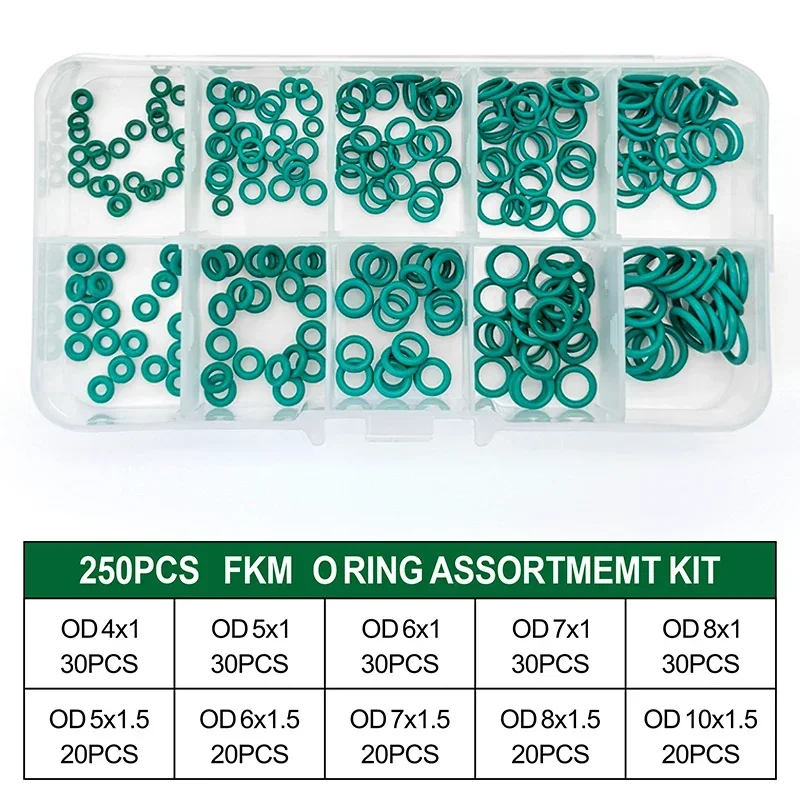 Green FKM Vitons O-Ring Kit 10 Sizes Fluoro Rubber CS 1-1.5mm OD 4 5 6 7 8 10mm High Temperature Oil Resistant Seals