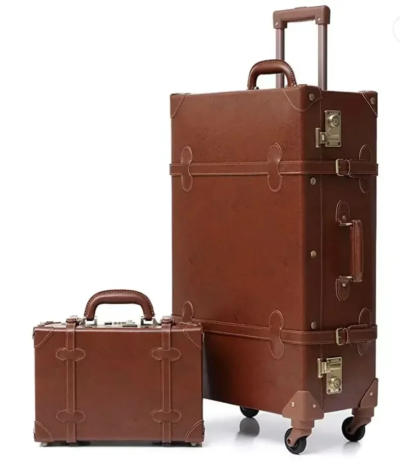 Brown Vintage Luggage Set 5 Piece Old Fashion Style Carry On Suitcase with Wheels and TSA Lock for Women and Men