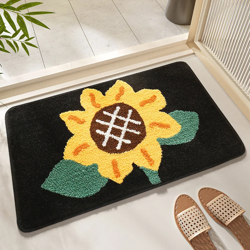 Cartoon Style Sunflower Bath Mat Thickened Encrypted Plush Bathroom Absorbent Foot Mat TPR Anti-slip Flocked Bathroom Rug