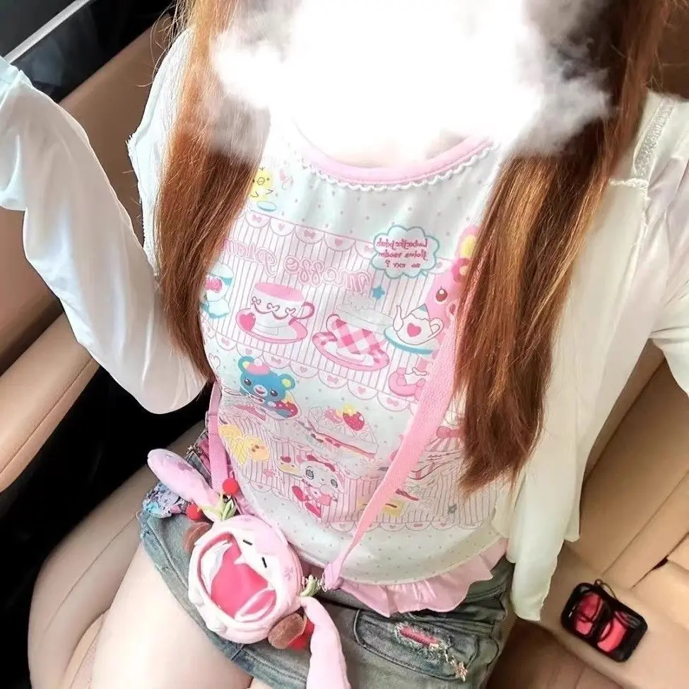 Summer Cute Cartoon Short Sleeve Lace T-Shirt Little Girl's Sweet Heart Soft Style Trendy round Neck Commute Style Slim Fit T...