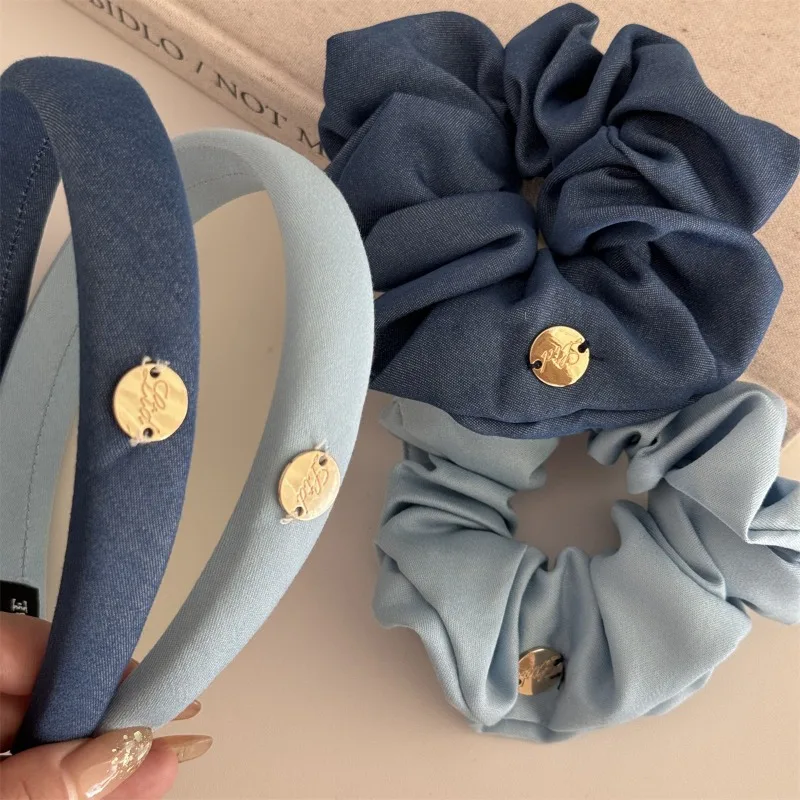 Simple and Elegant Gold Label Denim Blue Fresh Women\'s Solid Fabric Hair Band High Head Cap Band Large Intestine Ring Hair Ring