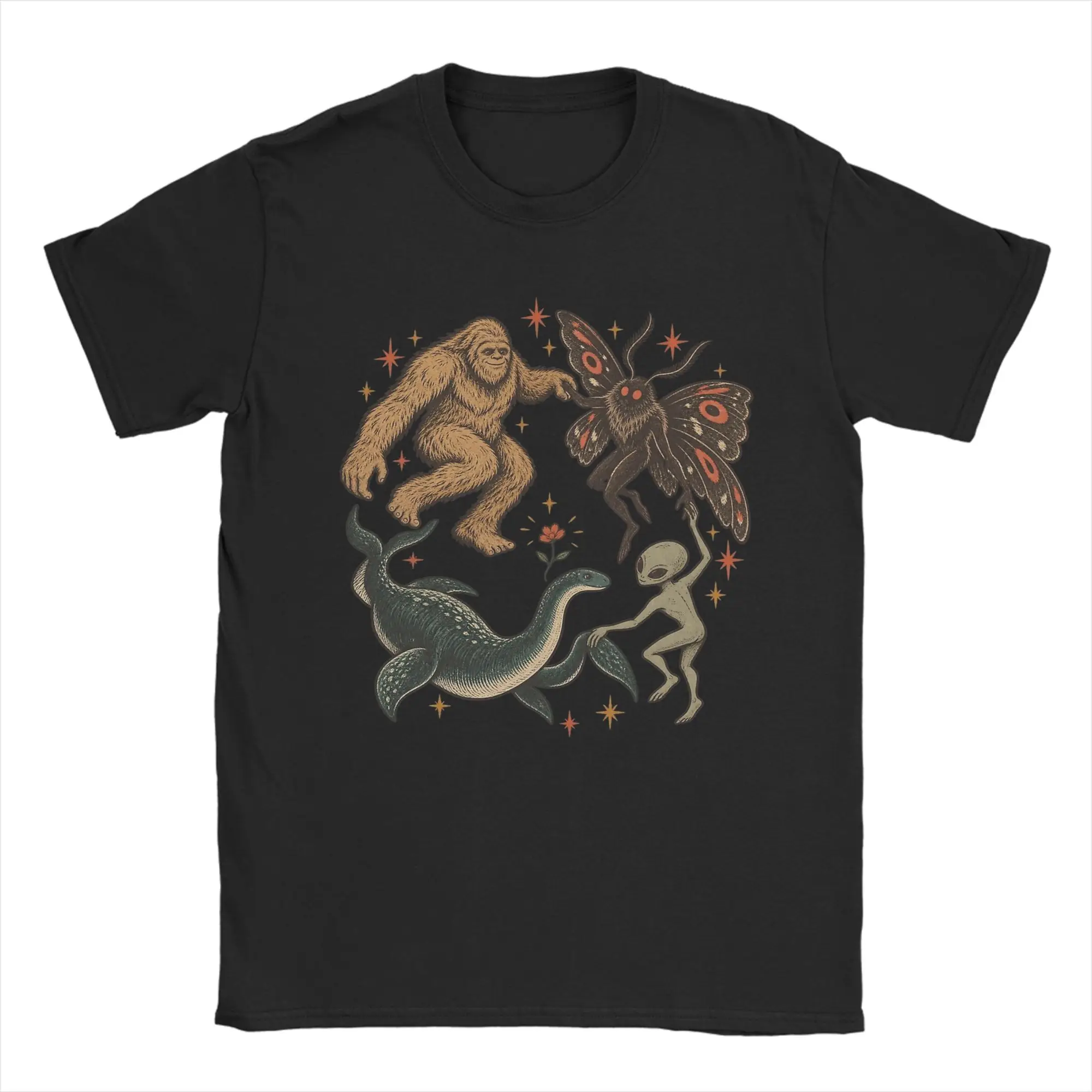 Dancing Cryptids Bigfoot Mothman Alien T Shirts Pure Cotton Novelty T-Shirts Round Collar  Tee Shirt Clothing Plus Size