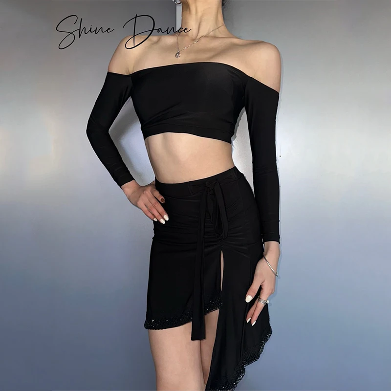 Latin Dance Clothes Women Off Shoulder Tops Irregular Slit Skirt Black Long Sleeves Practice Clothing Rumba Tango Wear DNV22387